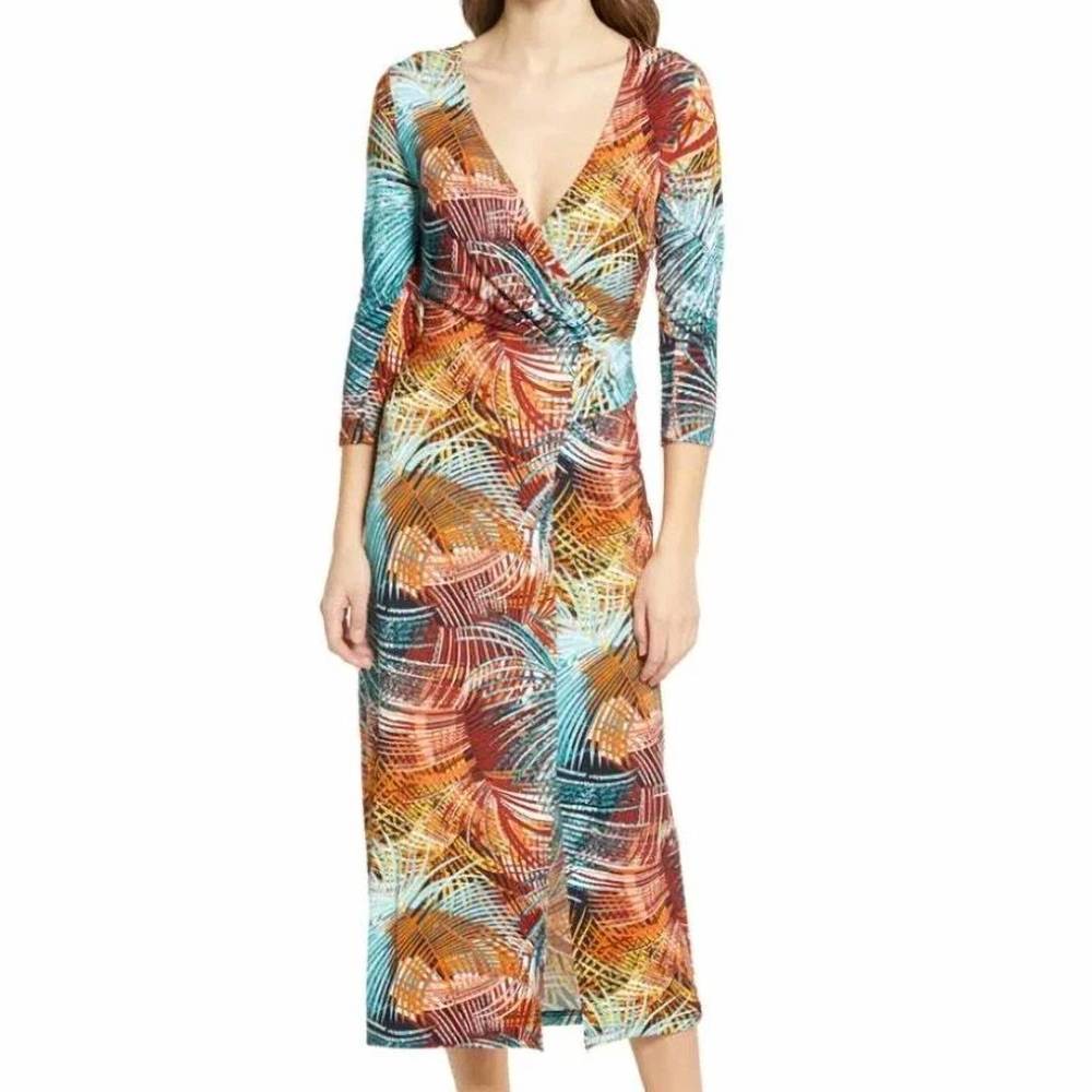 NEW ILSE JACOBSEN floral print faux wrap midi dress in brown